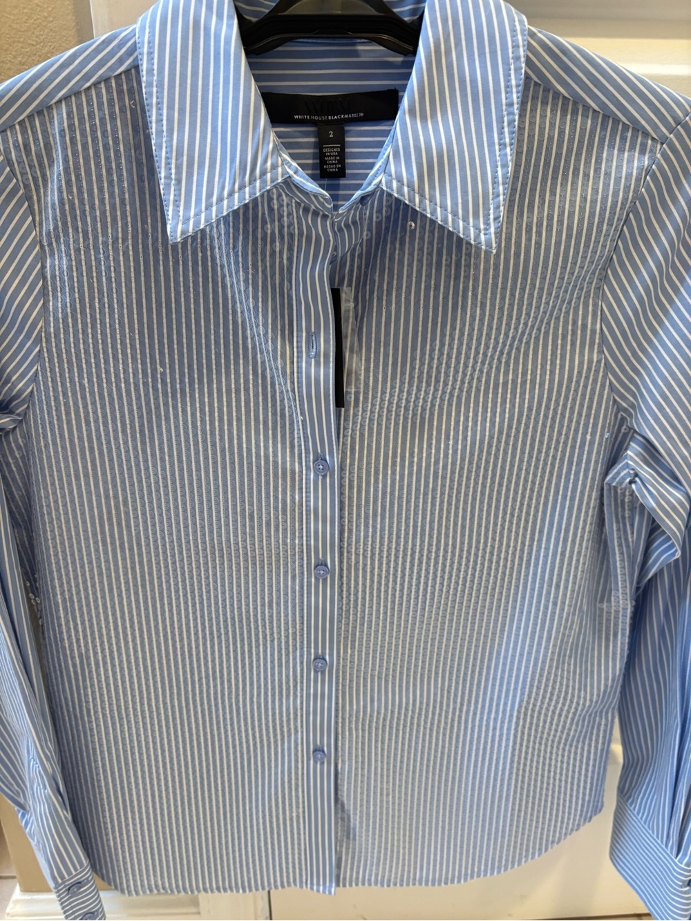 White House Black Market Light Blue & White SequinedStriped Button-Down Shirt